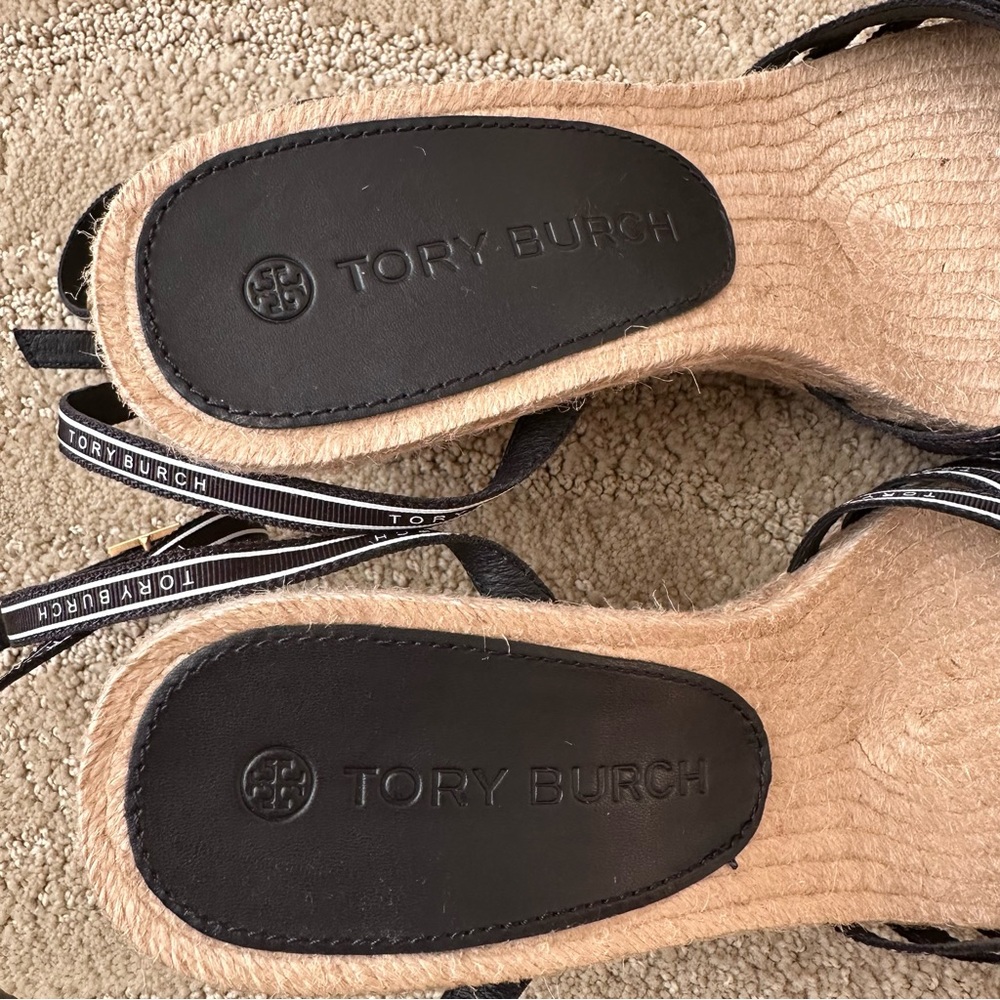 NEW Tory Burch Ribbon Strappy Wedge Espadrille Platform Sandals Navy Cream Tan 9 - Picture 8 of 16
